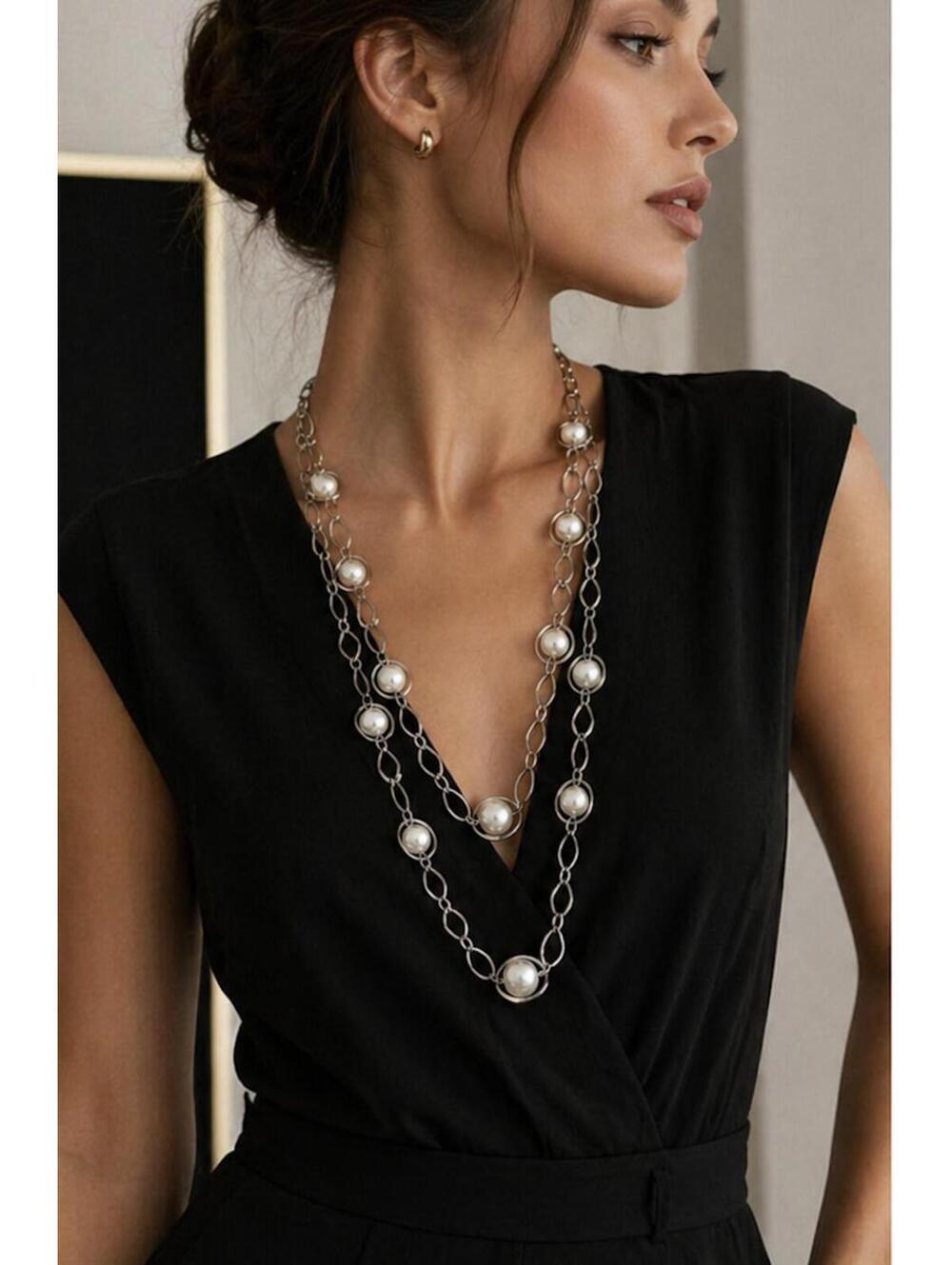 Vintage NY&Co Silver Faux Pearl Layered Necklace - Picture 8 of 8